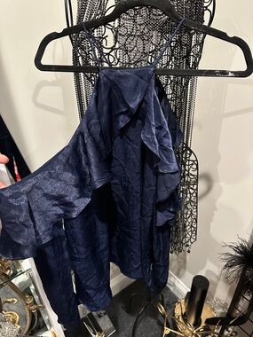 Navy Ruffle Halter Satin Tank Top